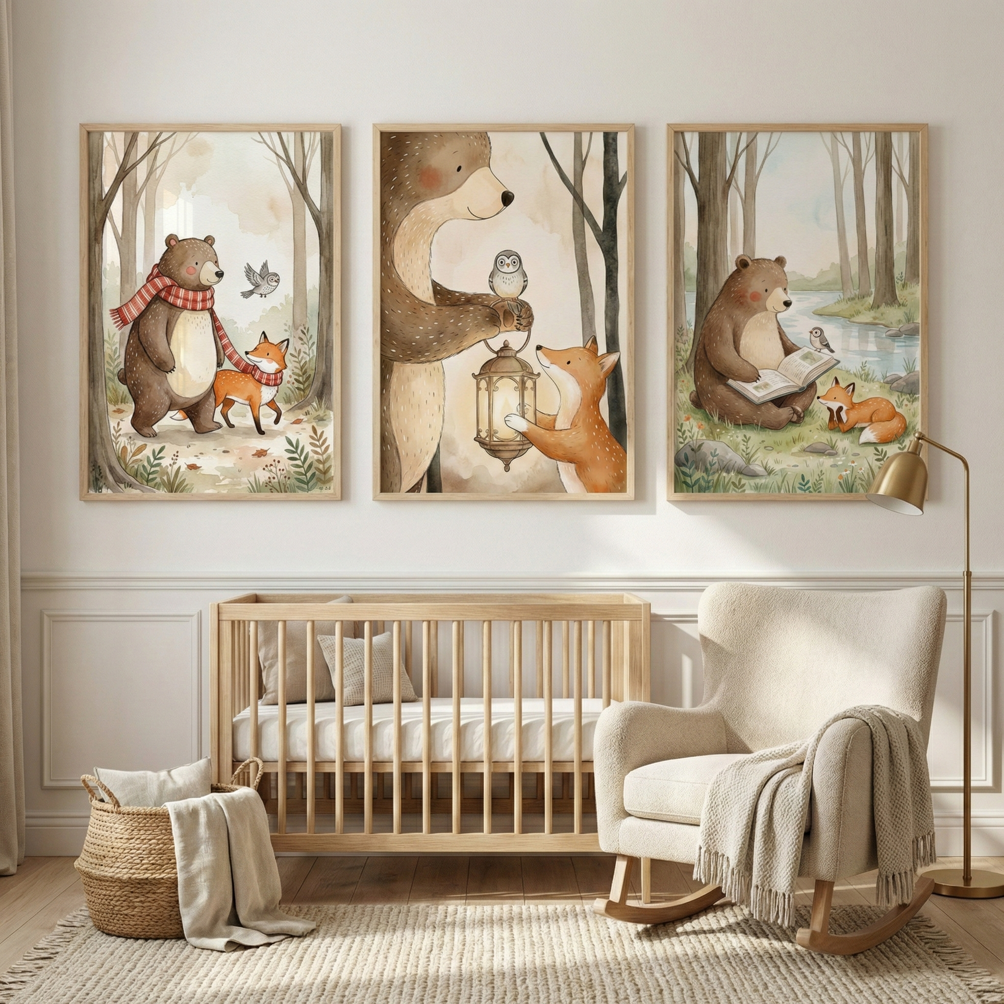 A cozy nursery featuring three framed illustrations of woodland animals. The whimsical prints show a bear and fox together, a bear holding a lantern, and a bear reading a book. Below the art stands a light wood crib. An off-white rocking chair with a soft throw blanket sits nearby next to a slender gold floor lamp. A woven storage basket and a neutral-toned textured rug complete the peaceful, modern room design.