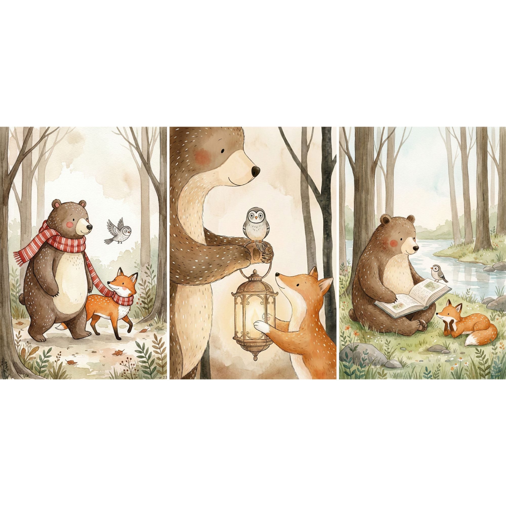 Three woodland themed watercolor prints featuring a bear, fox, owl, and small bird in a soft forest setting. One shows the bear and fox walking with matching red scarves, another captures them holding a glowing lantern with an owl perched above, and the third shows the bear reading a book by a river while the fox rests nearby. The gentle earth tones and storybook style make this wall art set feel warm and inviting for both kids rooms and cozy adult spaces.