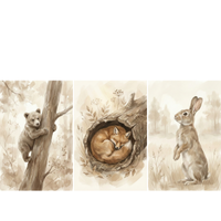 A set of three vertical illustrations featuring woodland animals in a soft watercolor style. On the left, a small brown bear cub climbs up a tree trunk. In the center, a fox is curled up sleeping inside a hollow log. On the right, a rabbit stands on its hind legs in a grassy field. The illustrations are rendered in a warm palette of browns and beiges with delicate details and a gentle, natural feel.
