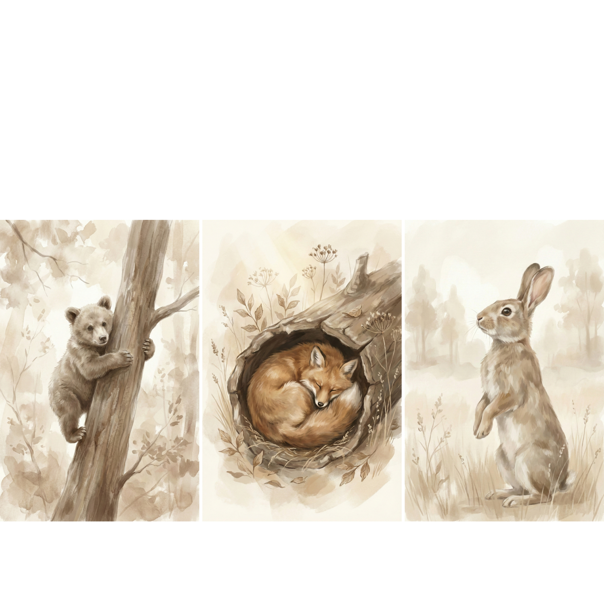 A set of three vertical illustrations featuring woodland animals in a soft watercolor style. On the left, a small brown bear cub climbs up a tree trunk. In the center, a fox is curled up sleeping inside a hollow log. On the right, a rabbit stands on its hind legs in a grassy field. The illustrations are rendered in a warm palette of browns and beiges with delicate details and a gentle, natural feel.