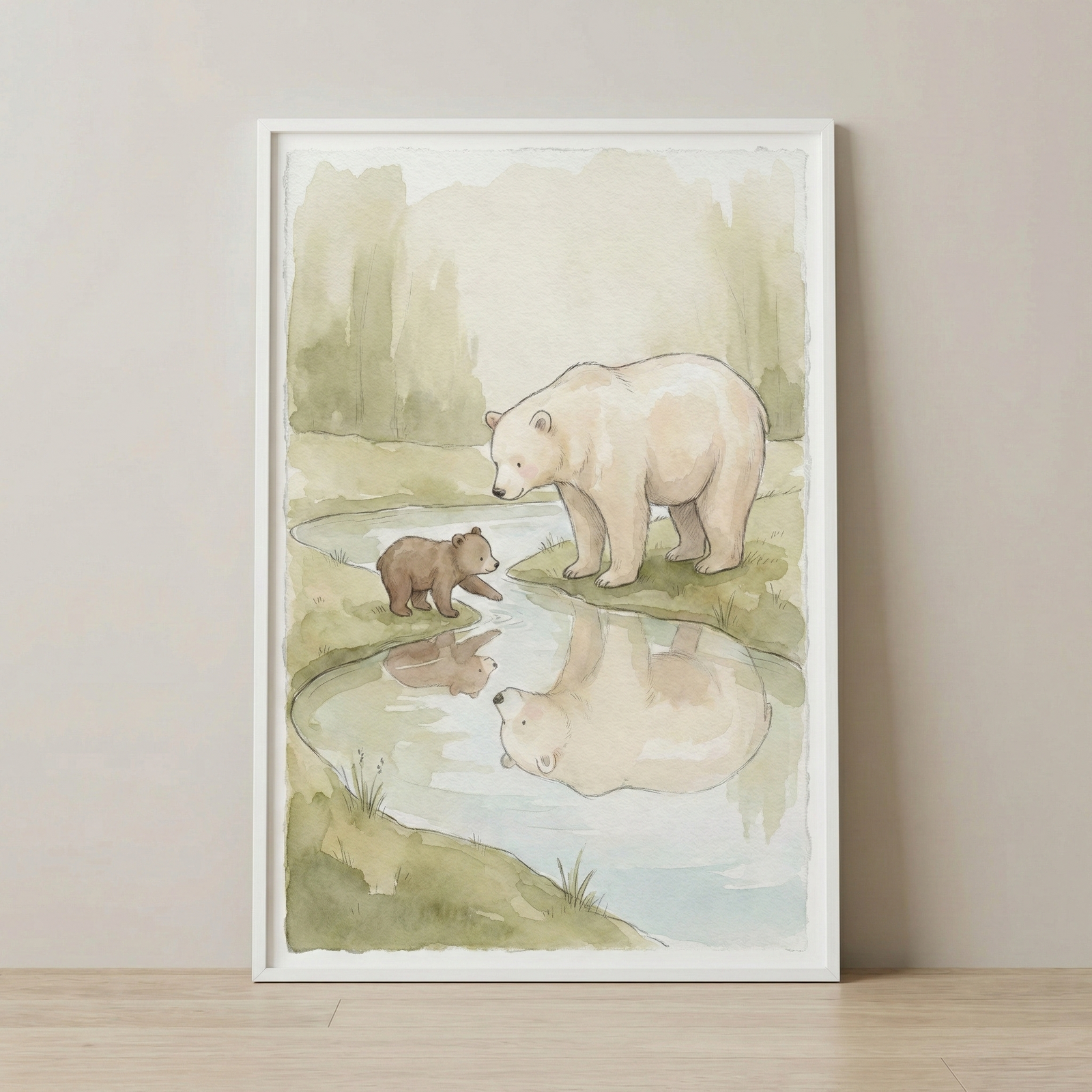 A soft watercolor-style illustration depicts a large cream-colored bear and a small brown cub standing on a grassy bank beside a stream. Their reflections are visible in the calm water as they gaze downward. The background features hazy green trees and rolling hills in muted, natural tones. This gentle nature scene is shown in a white frame, leaning against a neutral wall on a light wood floor.