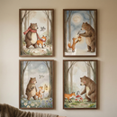 Four framed illustrations are arranged in a two-by-two grid on a neutral-colored wall. Each artwork, rendered in a soft watercolor style, depicts the whimsical adventures of a large brown bear and a small orange fox within a forest setting. The top-left piece shows the pair walking among autumn trees, both wearing red-and-white striped scarves. To the right, they appear under a full moon, with the bear holding a lit lantern. 