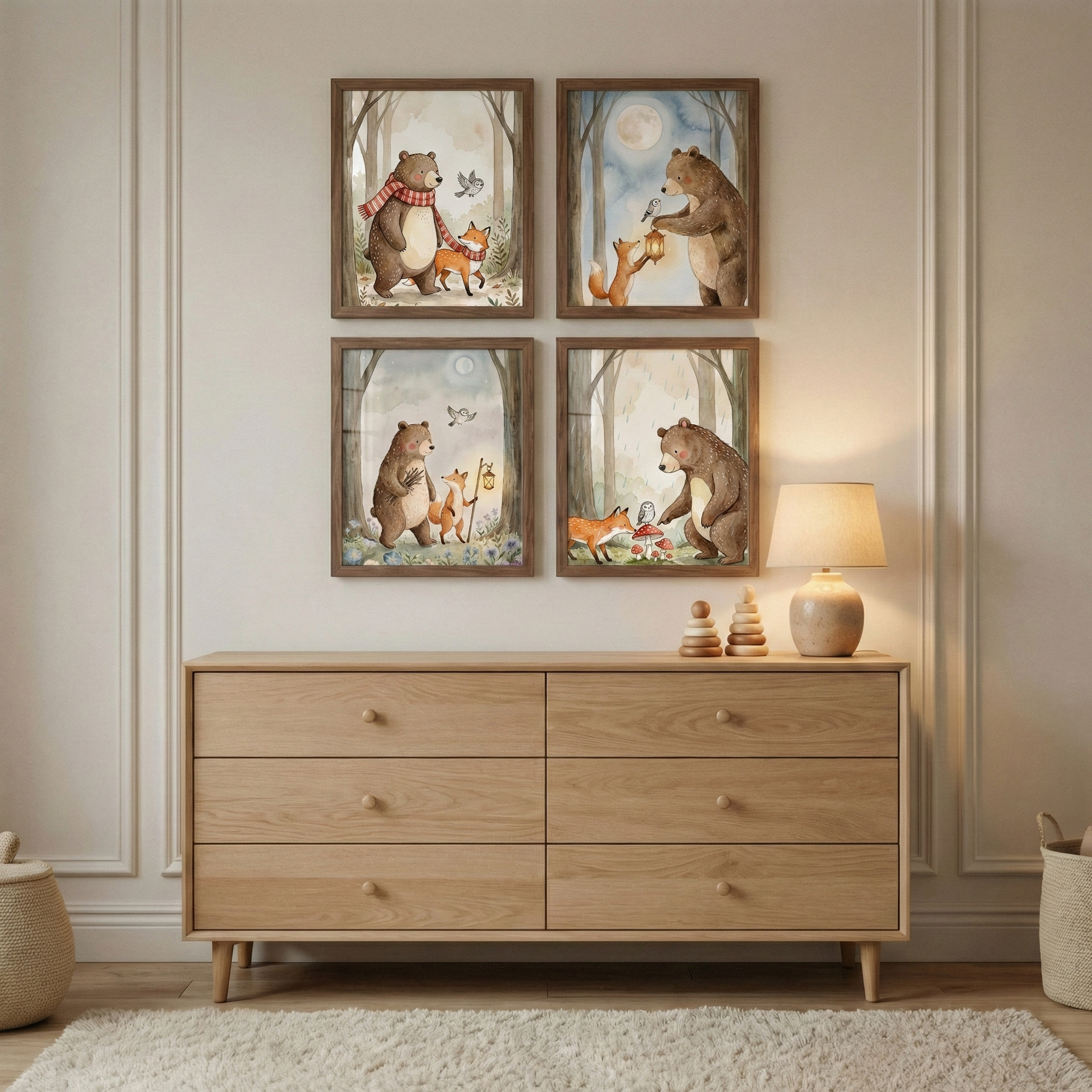 A serene room features a light wood dresser with six drawers, topped with a soft-glow lamp and wooden toys. Four framed watercolor-style illustrations hang above it in a grid. Each piece depicts a gentle brown bear and a small fox in various woodland scenes, such as walking through a forest or sharing a quiet moment under a full moon. The room is decorated with subtle wall molding, a plush white rug, and woven storage baskets, creating a warm and peaceful atmosphere.