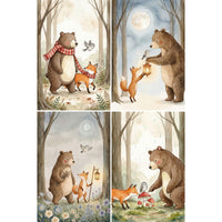 Four woodland watercolor illustrations featuring a bear, fox, and small owl in different forest scenes. The artwork shows them walking together with red scarves, sharing a lantern under a full moon, gathering sticks with a glowing light at night, and discovering red mushrooms in the rain. The soft earthy colors and gentle storybook style make this wall art set feel cozy and whimsical for both kids rooms and calming adult spaces.