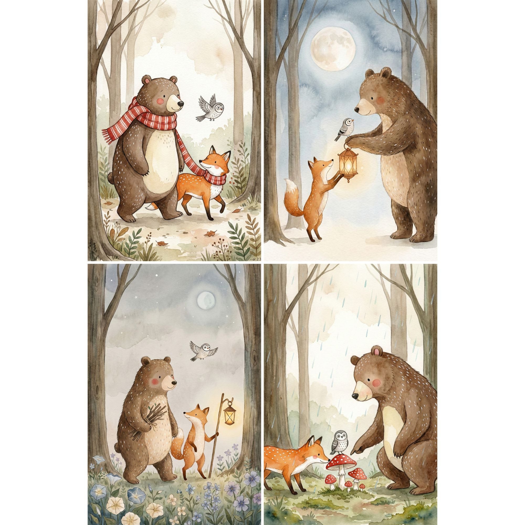 Four woodland watercolor illustrations featuring a bear, fox, and small owl in different forest scenes. The artwork shows them walking together with red scarves, sharing a lantern under a full moon, gathering sticks with a glowing light at night, and discovering red mushrooms in the rain. The soft earthy colors and gentle storybook style make this wall art set feel cozy and whimsical for both kids rooms and calming adult spaces.