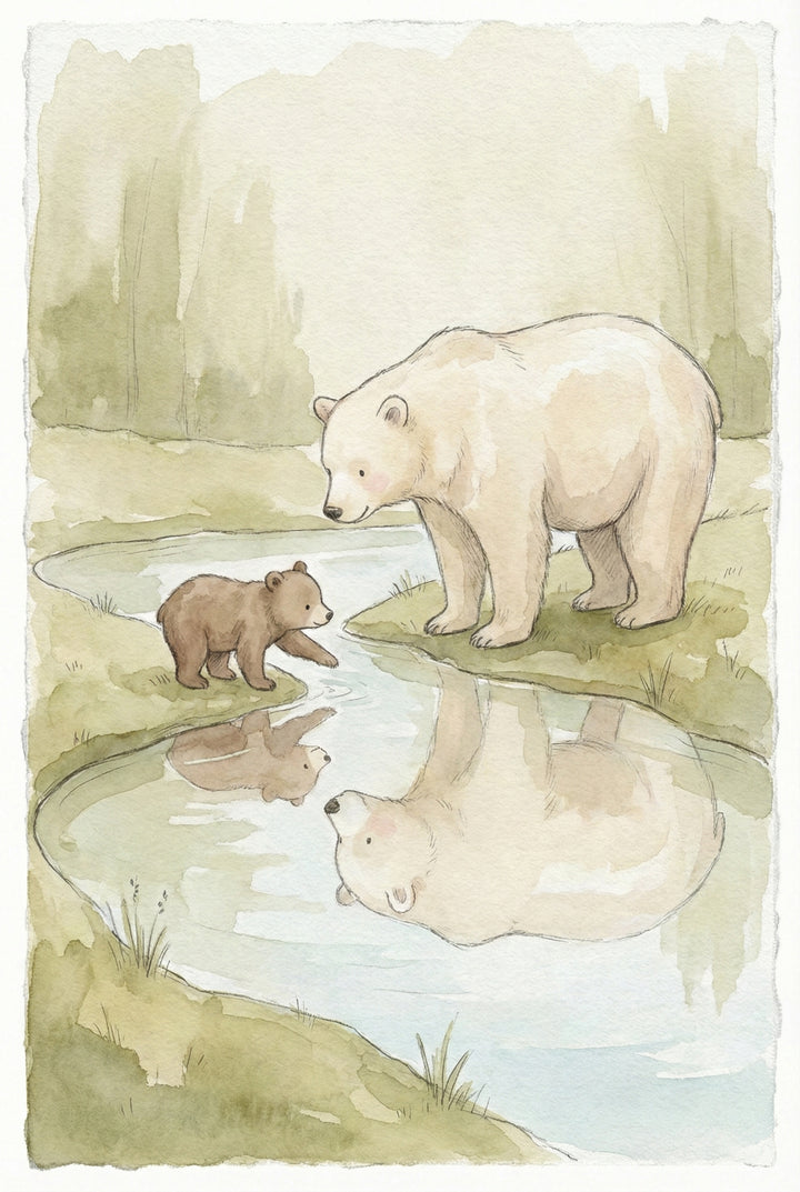 A watercolor illustration depicts a large cream-colored bear standing on a grassy bank beside a gentle stream. A small brown cub stands nearby, leaning toward the water's edge. Both animals are reflected in the still surface of the pool. The surrounding landscape consists of soft green and tan tones, suggesting a misty woodland backdrop. The artwork uses delicate lines and a muted color palette to create a peaceful and tender scene between the two animals.