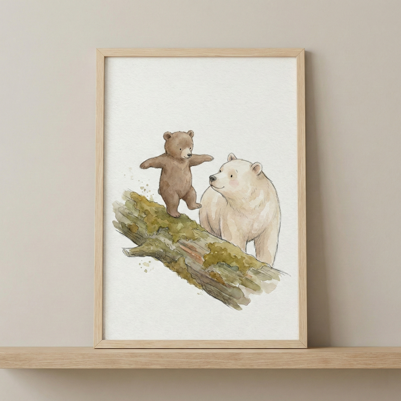 A soft watercolor-style illustration depicts a small brown bear cub balancing on a mossy log with its arms outstretched. Behind the log, a larger cream-colored bear watches the cub with a gentle expression. The artwork features delicate textures and a minimalist off-white background. It is housed in a simple light wood frame and displayed on a matching wooden shelf against a neutral wall, creating a warm and whimsical scene suitable for a nursery or child's room.