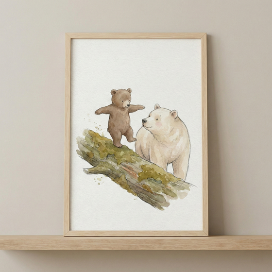 A soft watercolor-style illustration depicts a small brown bear cub balancing on a mossy log with its arms outstretched. Behind the log, a larger cream-colored bear watches the cub with a gentle expression. The artwork features delicate textures and a minimalist off-white background. It is housed in a simple light wood frame and displayed on a matching wooden shelf against a neutral wall, creating a warm and whimsical scene suitable for a nursery or child's room.