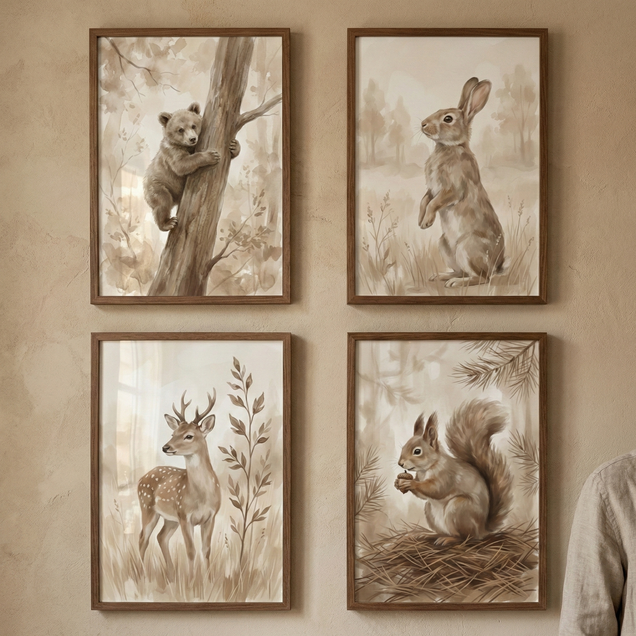 Woodland Animals Print Set of 4 - Rustic Woodland Friends