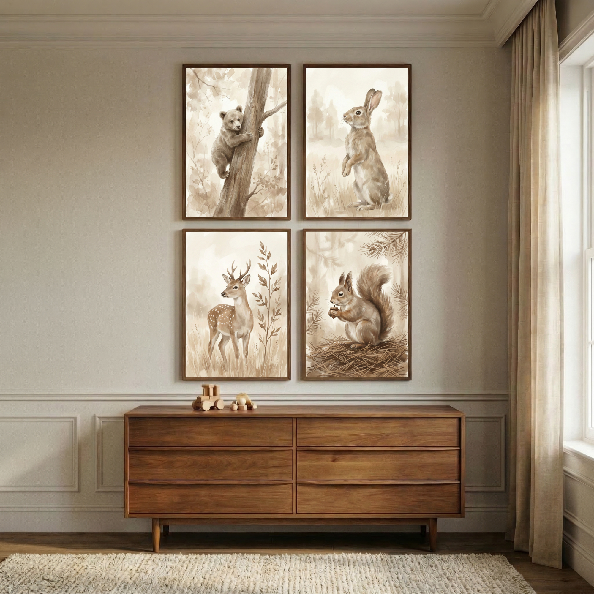 Woodland Animals Print Set of 4 - Rustic Woodland Friends