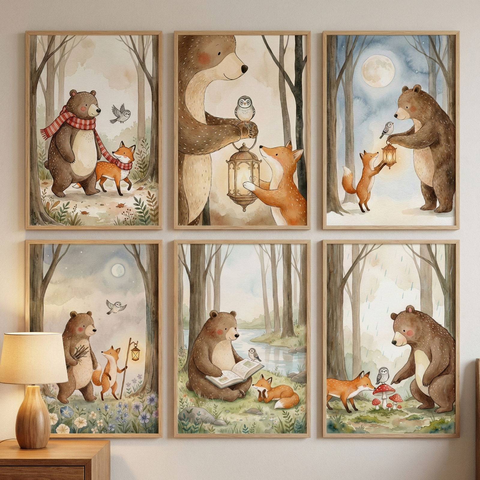Six framed illustrations are displayed in two rows on a plain wall, above a wooden side table with a lamp. Each image features a gentle brown bear and a small orange fox in various woodland settings, created in a soft watercolor style with muted earth tones. The scenes include the animals walking together in scarves, using lanterns to light their way under a moonlit sky, reading a book by a calm river, and standing near spotted mushrooms. 