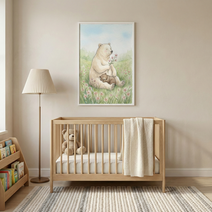 A cozy nursery features a wooden crib with a teddy bear and a soft blanket draped over the side. A floor lamp stands nearby, and a bookshelf holds colorful children's books. Above the crib, a charming illustration of a bear holding a flower with a cub in a field of flowers adds a whimsical touch.