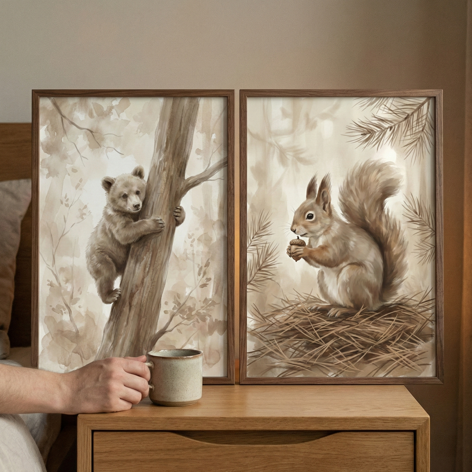 Two wooden-framed illustrations rest on a light wood nightstand. The left piece shows a small bear cub with soft fur climbing a tree trunk. The right piece features a squirrel with a large, bushy tail sitting in a nest of pine needles and holding an acorn. Both artworks have a gentle, illustrative style with a muted color palette of sepias and creams. A hand holding a ceramic mug is visible in the foreground. The scene has a warm, rustic, and peaceful woodland aesthetic.