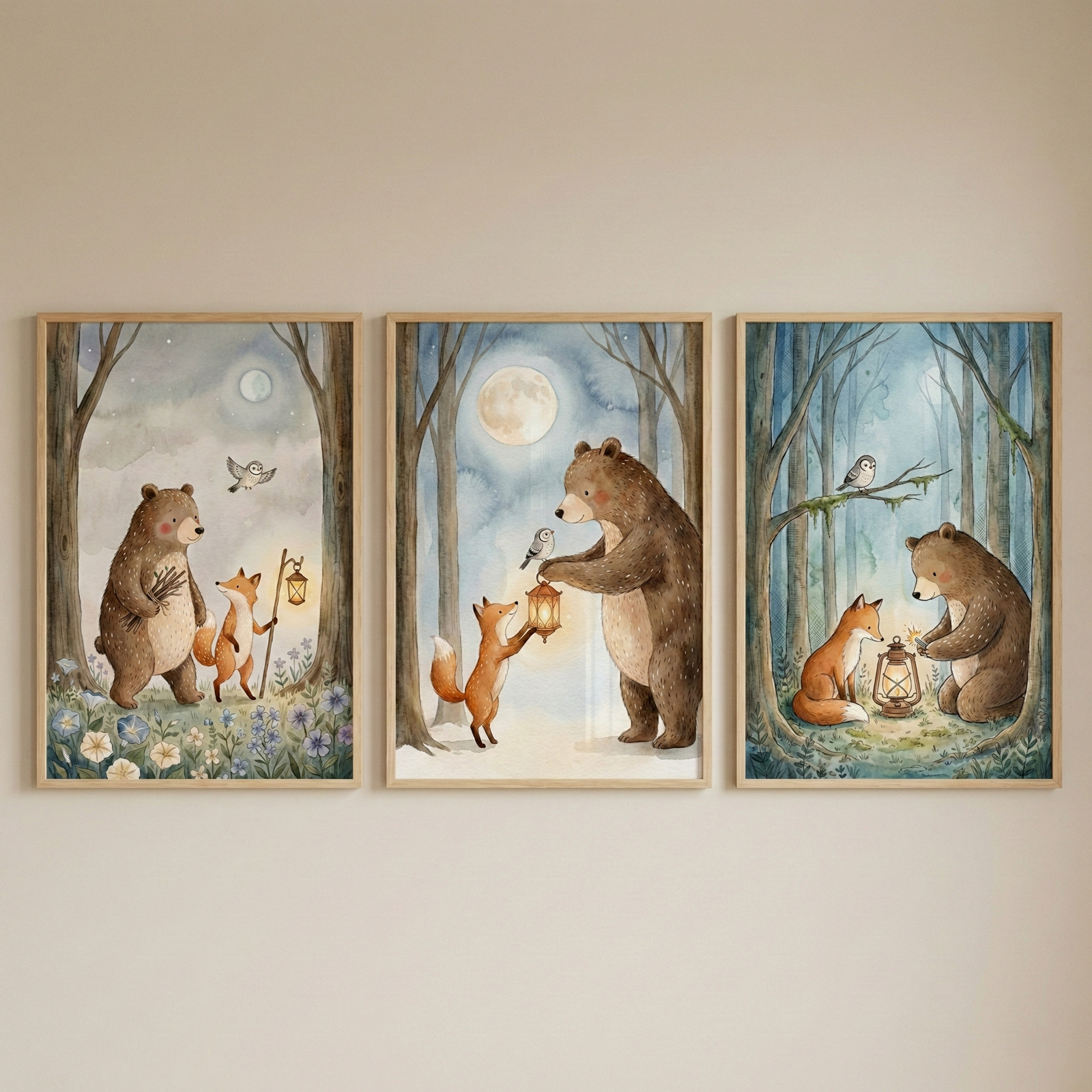 Three framed watercolor woodland nursery prints hanging on a neutral wall. Each illustration shows a bear and fox in a moonlit forest holding a glowing lantern, with soft blue tones, tall trees, and small owls creating a calm cozy bedtime scene.