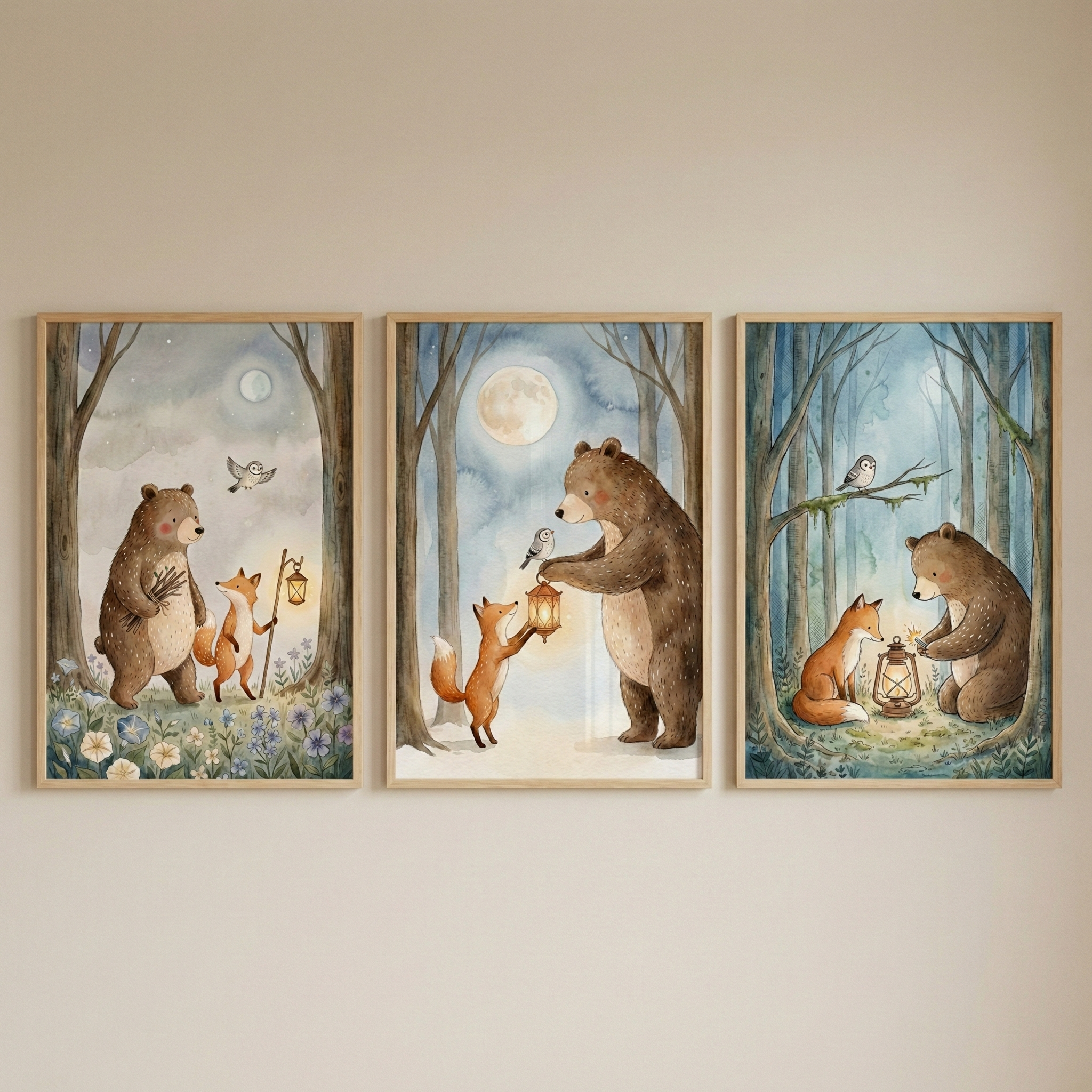Woodland Bear Wall Art Set Of 3 - Moonlit Forest Friends
