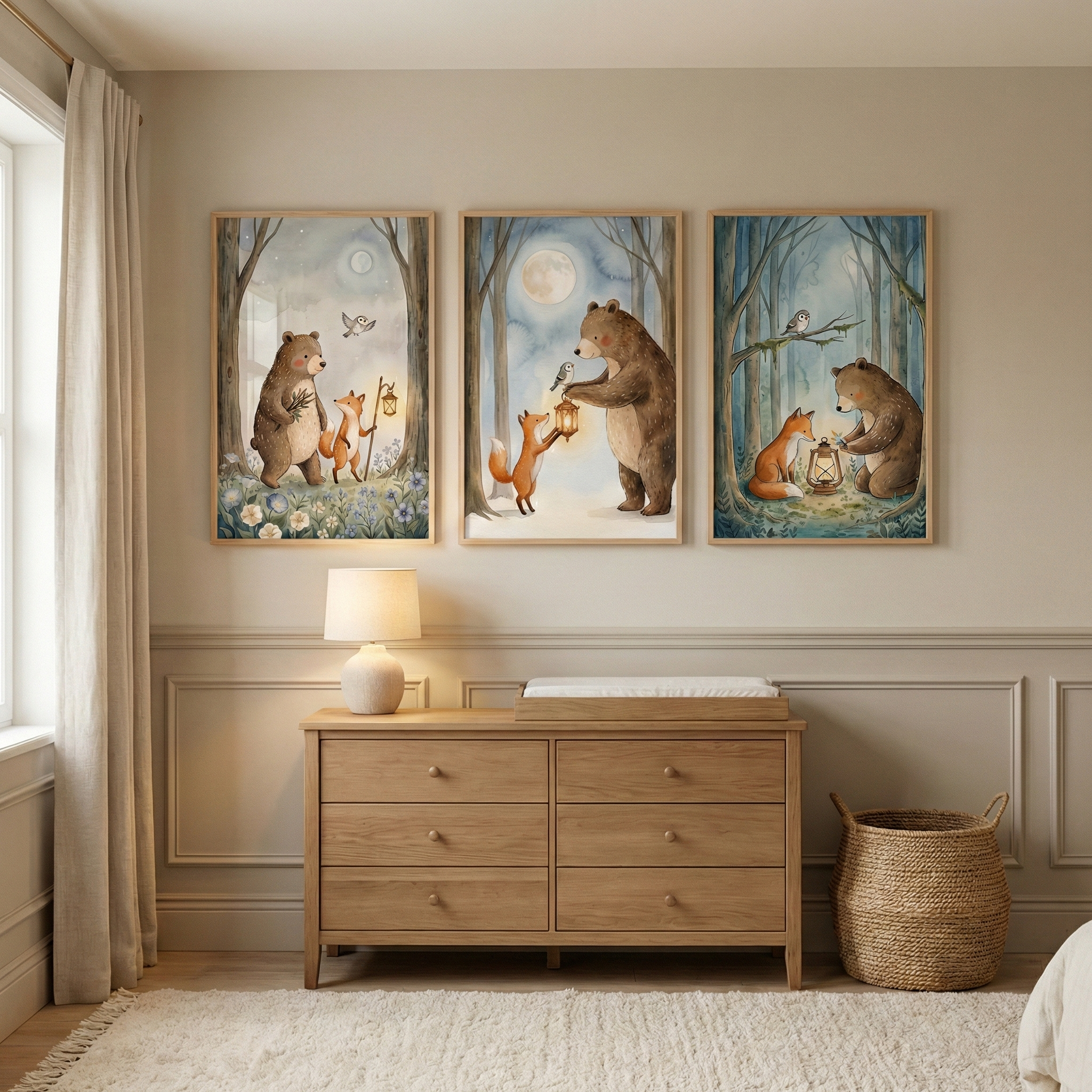 Woodland Bear Wall Art Set Of 3 - Moonlit Forest Friends