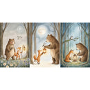Three vertical watercolor woodland nursery prints featuring a bear and fox in a moonlit forest. The left scene shows them walking with a glowing lantern among flowers and trees, the center shows the bear handing the lantern to the fox beneath a full moon, and the right shows them sitting together beside the lantern while an owl watches from a branch.
