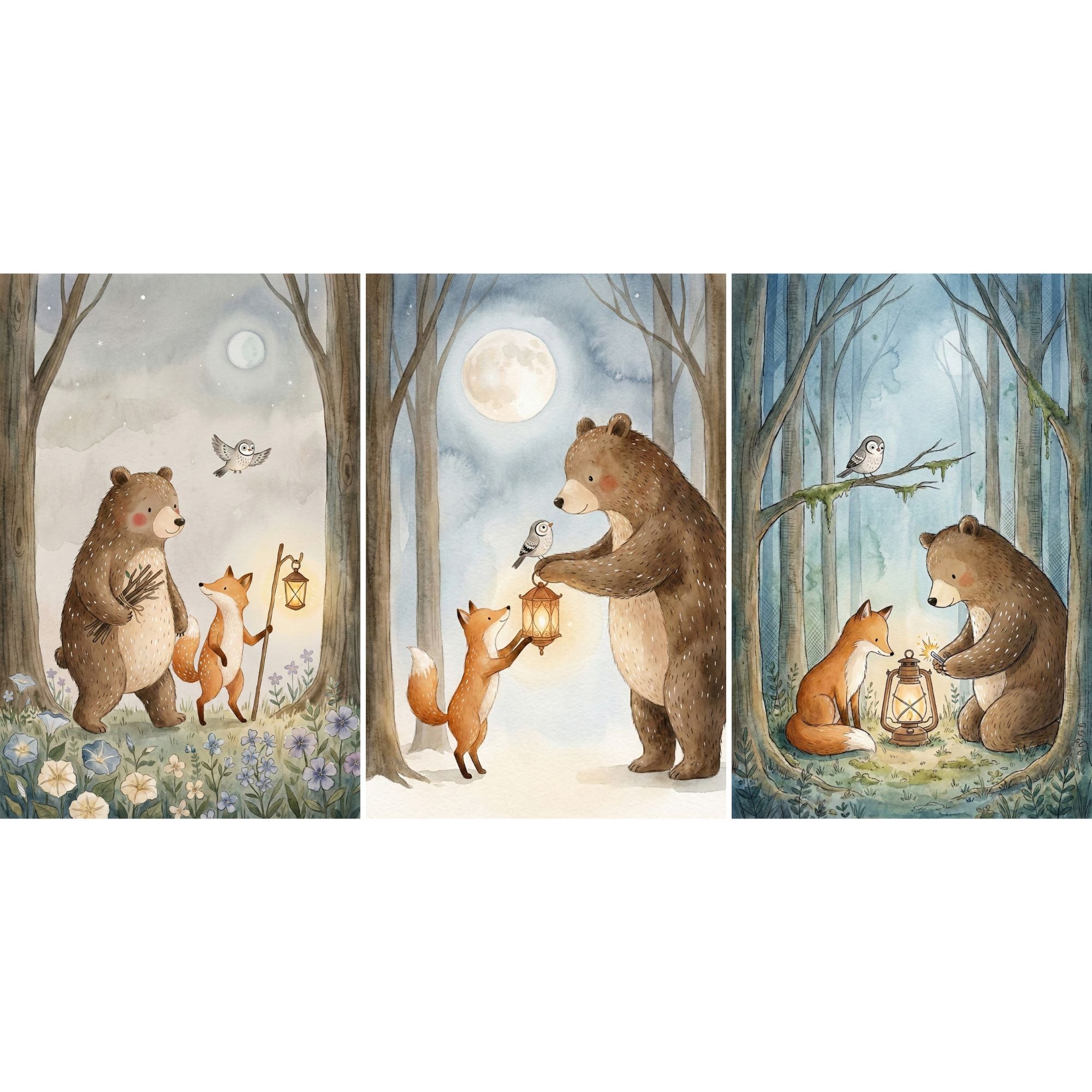 Three vertical watercolor woodland nursery prints featuring a bear and fox in a moonlit forest. The left scene shows them walking with a glowing lantern among flowers and trees, the center shows the bear handing the lantern to the fox beneath a full moon, and the right shows them sitting together beside the lantern while an owl watches from a branch.
