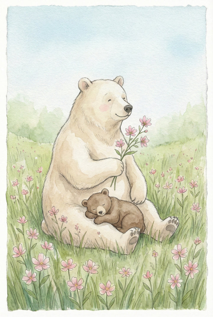 A gentle watercolor illustration depicts a large, cream-colored bear sitting peacefully in a meadow. The bear has rosy cheeks and a soft smile, holding a sprig of delicate pink wildflowers. A small brown cub is curled up and sleeping soundly in the larger bear's lap. They are surrounded by a field of tall grass and pink blooms, set against a light blue sky and soft green forest backdrop. The style is reminiscent of a children's book with light, airy tones and soft outlines.