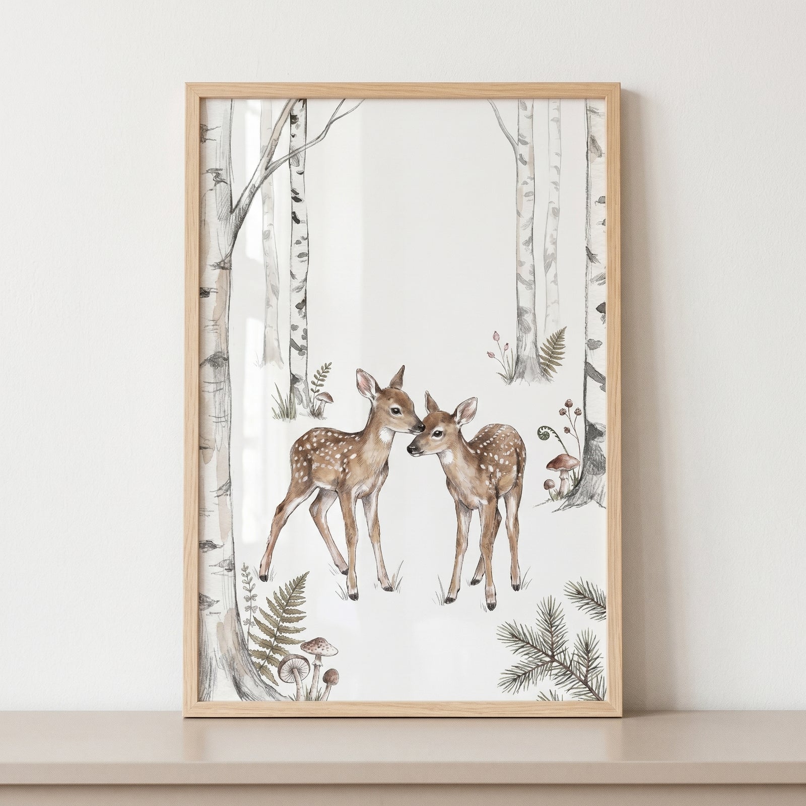 Two spotted fawns touch noses in this woodland birch forest fawn wall art with tall trees, ferns, and mushrooms.