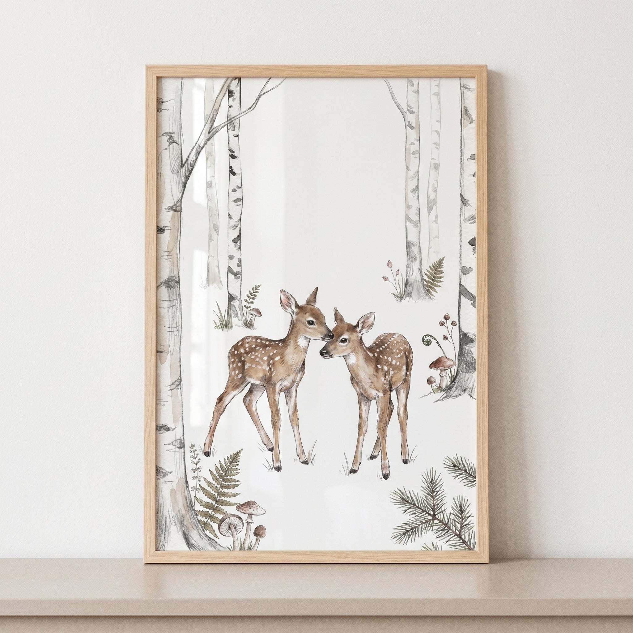 Woodland Birch Forest Fawn Wall Art - Gentle Forest Duo
