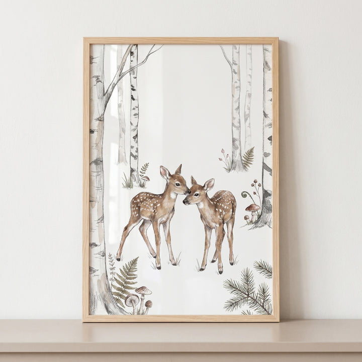 Two spotted fawns touch noses in this woodland birch forest fawn wall art with tall trees, ferns, and mushrooms.