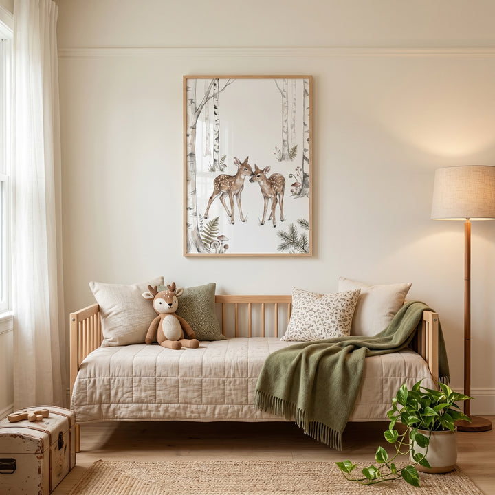 Woodland birch forest fawn wall art hangs above a daybed with neutral pillows, a plush deer, and a potted plant.