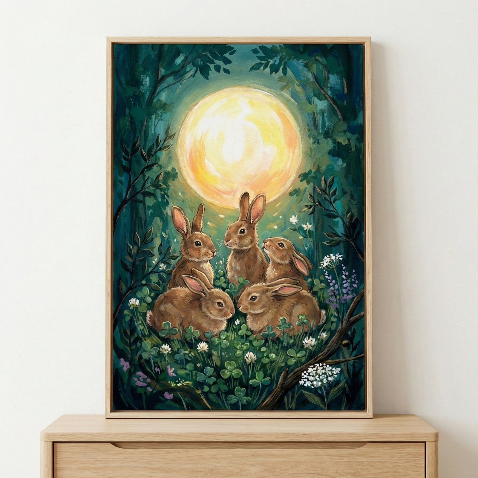 A vertical framed artwork depicts five brown rabbits gathered together in a clearing of clovers and small flowers. Above them, a large, glowing yellow full moon illuminates a dense forest of dark green and teal foliage. The scene has a soft, whimsical feel with visible textures and a warm, moonlit glow.