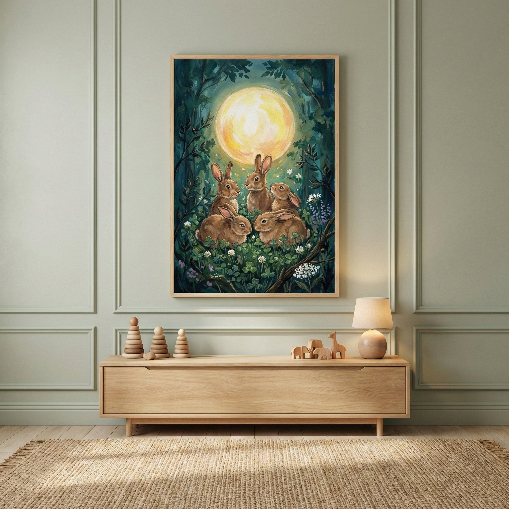 A piece of framed wall art hangs on a sage green paneled wall above a minimalist wooden console table. The artwork depicts five brown rabbits huddled together in a forest clearing under the soft glow of a large, full moon. The scene is filled with dark green foliage, clover, and small white flowers. On the wooden table below, there are simple wooden stacking toys, animal figurines, and a small lamp with a neutral shade. A textured natural fiber rug lies on the floor in front of the furniture.