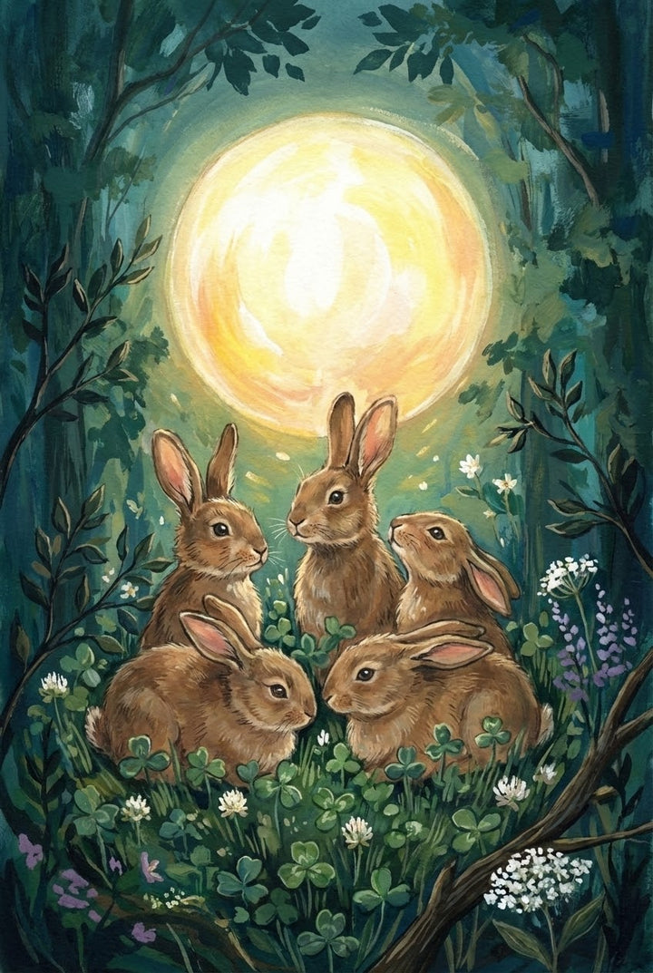 A textured illustration depicts five brown rabbits huddled together in a moonlit forest clearing. The rabbits sit amongst clovers and small white blossoms, while a massive, glowing yellow celestial body hangs directly behind them, illuminating the scene. Dark green leaves and branches frame the top and sides, creating an intimate and magical atmosphere.