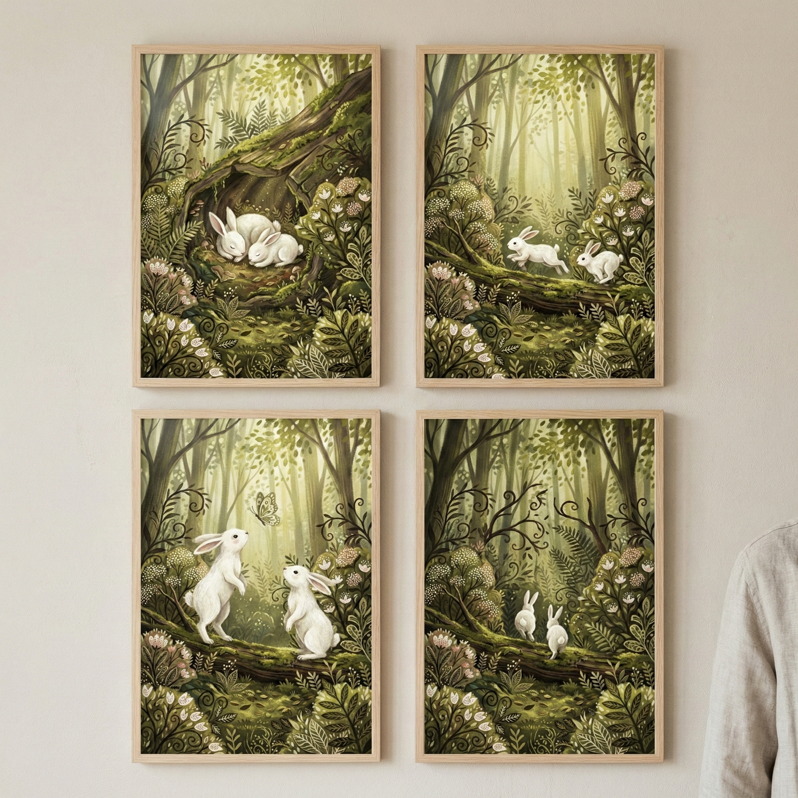 Four framed woodland illustrations of white rabbits in a lush green forest arranged in a grid as storybook style wall art. Scenes show baby rabbits sleeping inside a hollow tree, hopping along a mossy log, standing together watching a butterfly, and walking deeper into a magical forest filled with ferns and flowers.