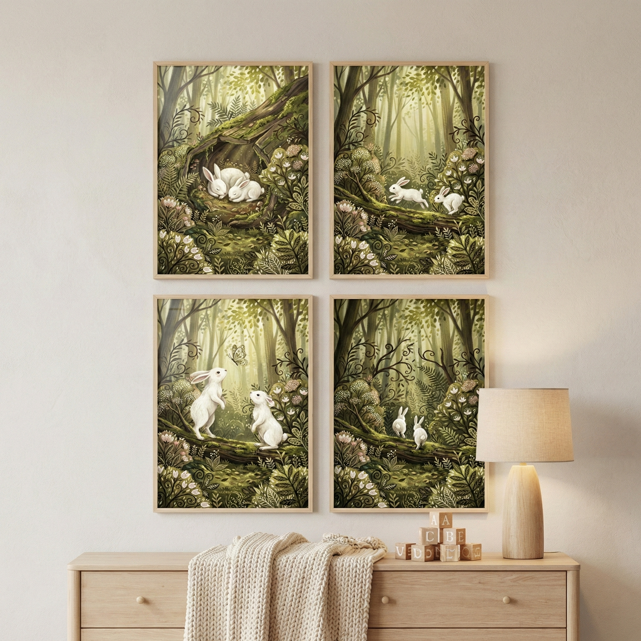 Woodland Bunny Art Set of 4 - Enchanted Bunny Forest