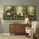 A set of three framed forest-themed illustrations hangs on a sage green wall above a mid-century modern wooden dresser. Each piece features white rabbits in a lush, green woodland. On the left, two rabbits sleep in a hollow log. In the center, two rabbits gaze up at a butterfly. On the right, two rabbits run through the foliage. The room is warmly lit by a floor lamp and a small table lamp, with a plush white rocking chair and a textured rug completing the cozy nursery scene.