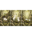 A three-panel illustration shows white rabbits in a whimsical forest with soft, muted tones. In the left panel, two rabbits sleep inside a mossy log. The center panel features two rabbits on their hind legs watching a butterfly. The right panel shows them hopping along a log. Sunlight filters through tall trees, lighting up ferns and small flowers on the forest floor.