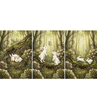 A three-panel illustration shows white rabbits in a whimsical forest with soft, muted tones. In the left panel, two rabbits sleep inside a mossy log. The center panel features two rabbits on their hind legs watching a butterfly. The right panel shows them hopping along a log. Sunlight filters through tall trees, lighting up ferns and small flowers on the forest floor.