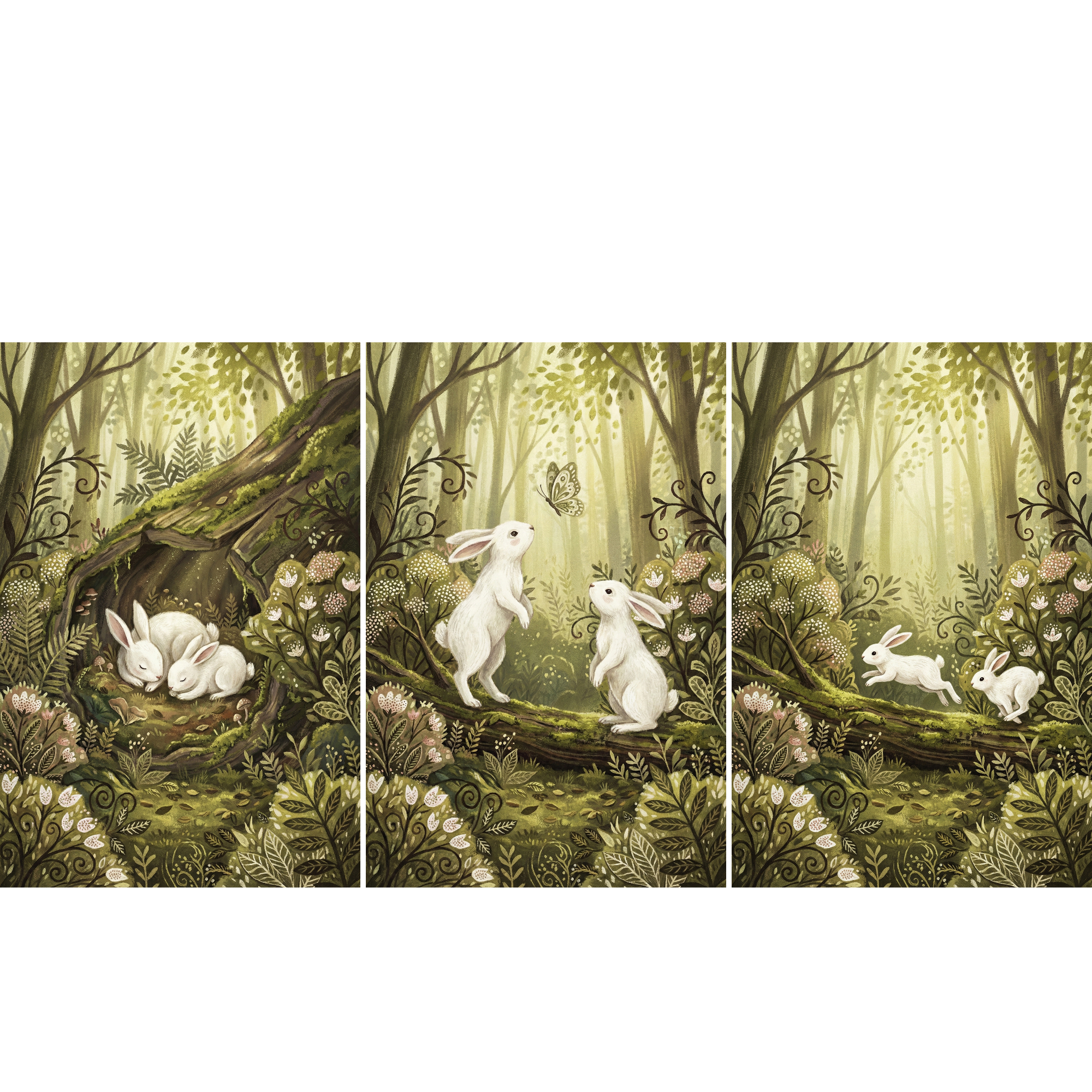 A three-panel illustration shows white rabbits in a whimsical forest with soft, muted tones. In the left panel, two rabbits sleep inside a mossy log. The center panel features two rabbits on their hind legs watching a butterfly. The right panel shows them hopping along a log. Sunlight filters through tall trees, lighting up ferns and small flowers on the forest floor.