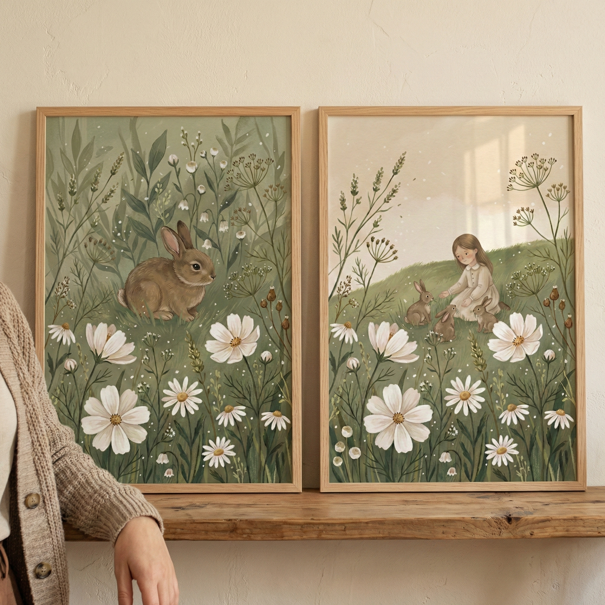 Two wooden-framed illustrations sit on a rustic wooden ledge against a neutral wall. The left illustration features a single brown rabbit nestled among tall green foliage and large white flowers. The right illustration shows a young girl in a pale dress sitting on a grassy slope with several small rabbits, surrounded by white flowers and tall stems. Both artworks share a whimsical, soft illustrative style with a palette of muted greens and creams. A person's arm in a beige knit sweater is visible.