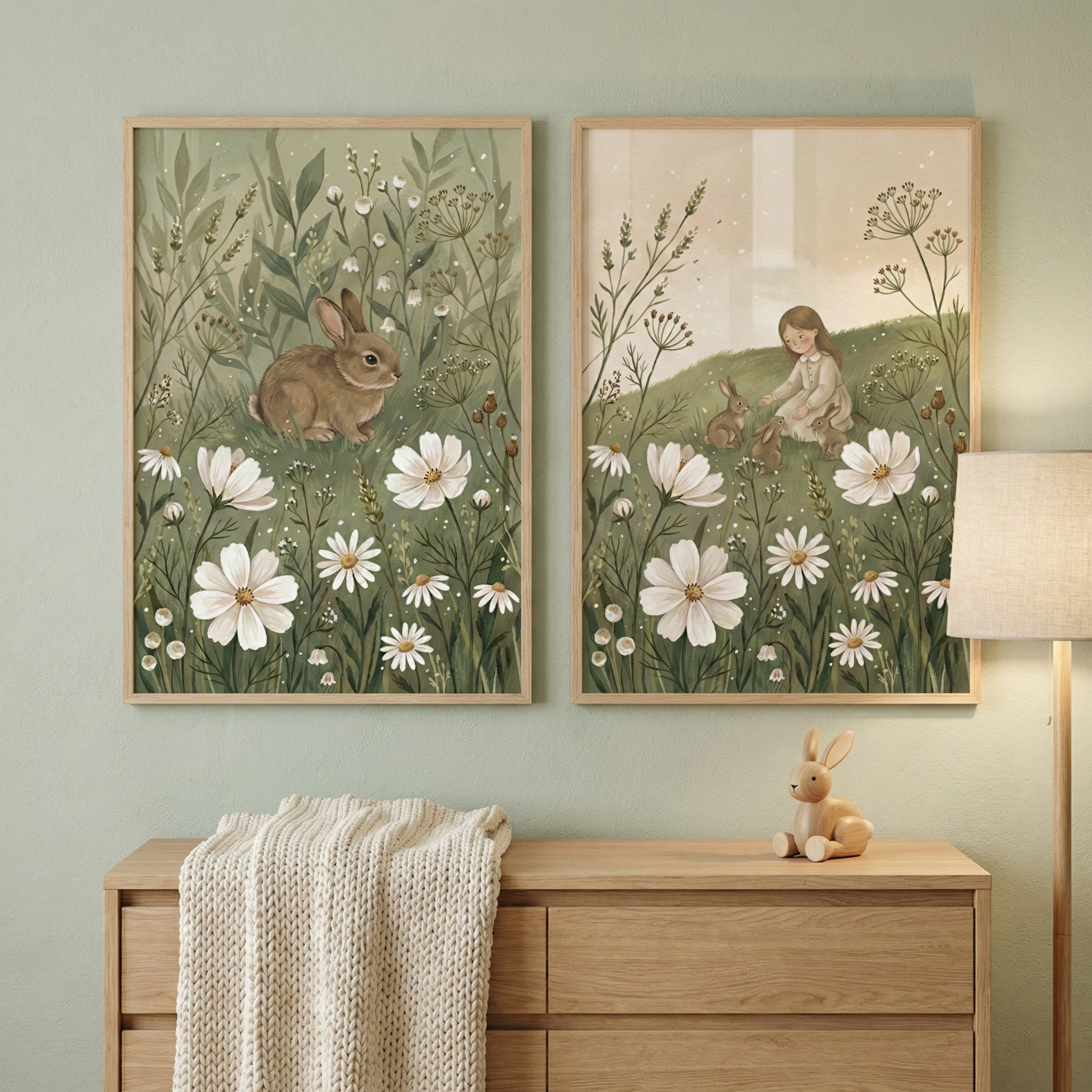 Woodland Bunny Wall Art For Girls Room Set of 2 - Whimsical Meadow Friends