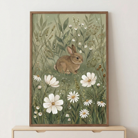 A framed illustration depicts a small, brown rabbit nestled in a lush meadow. Surrounded by tall, sage-green grasses and delicate leafy stems, the rabbit sits among various wildflowers. Large white blossoms with yellow centers are prominent in the foreground, while smaller, dainty white flowers and seed heads are scattered throughout the background. The artwork features soft textures and a muted color palette of earthy greens and browns. It is displayed in a thin wooden frame.
