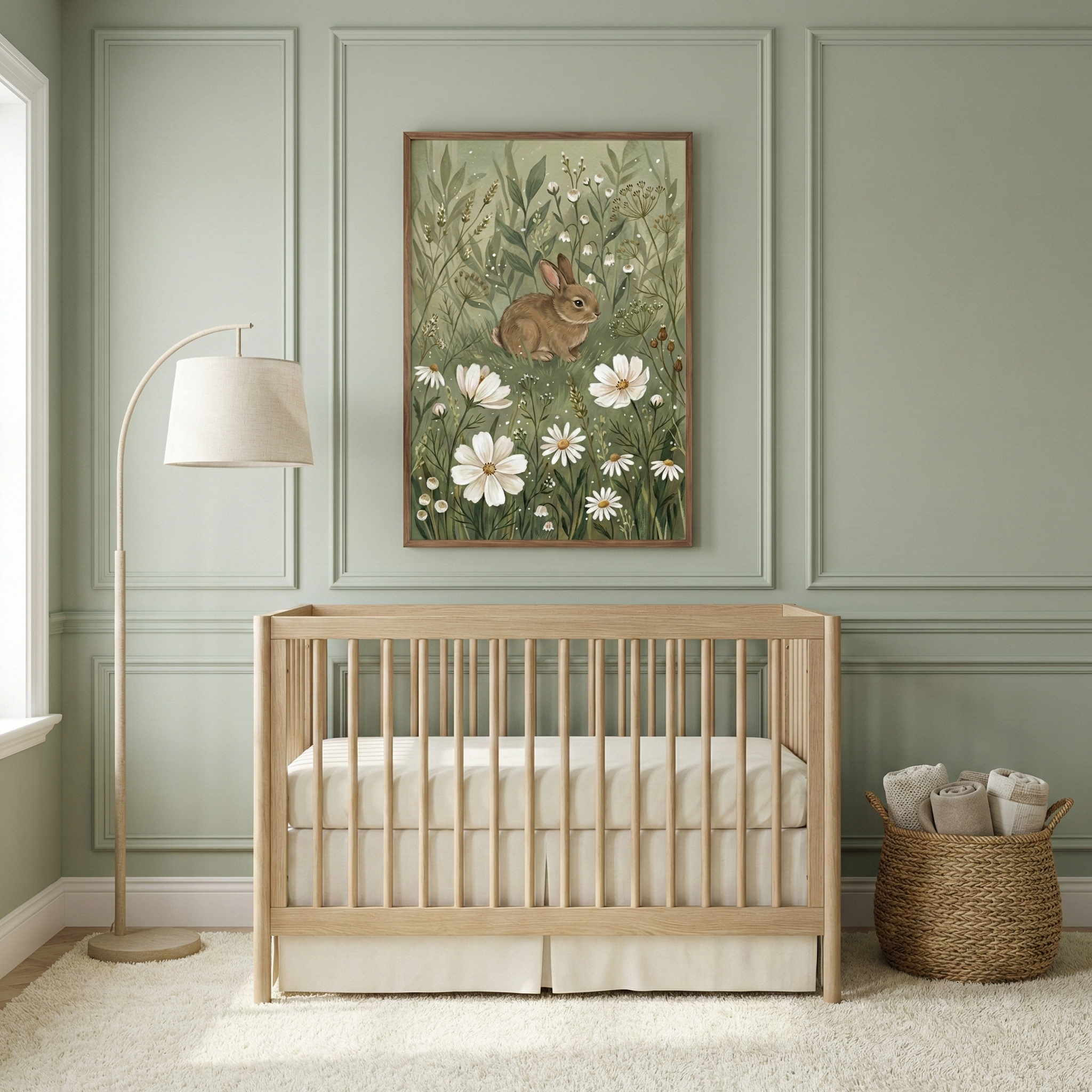 A cozy nursery features a light wooden crib against a soft green wall, adorned with a charming painting of a rabbit among flowers. A floor lamp with a beige shade stands nearby, and a wicker basket holds rolled-up blankets, creating a serene and inviting atmosphere.