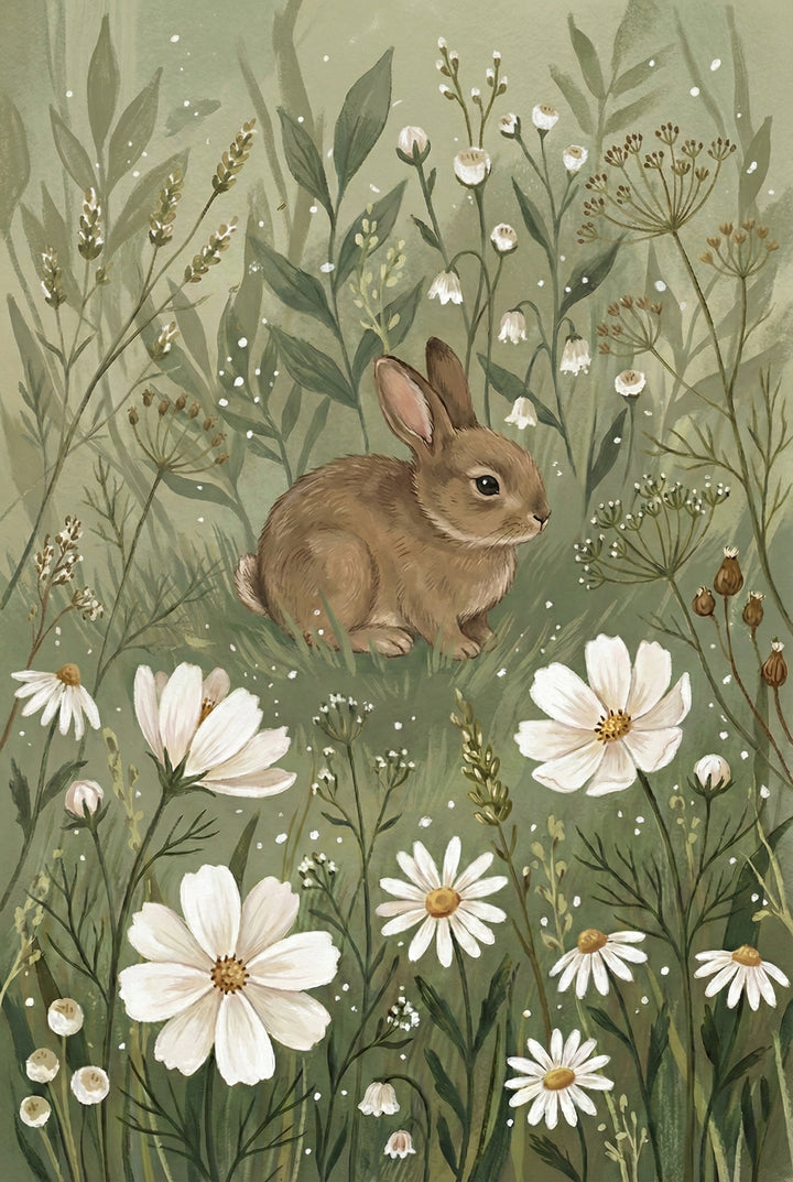 An illustration features a small brown rabbit sitting amidst a dense field of flora. The rabbit, with its soft fur and alert ears, is surrounded by various white wildflowers, including large, petaled blossoms with yellow centers and clusters of delicate, tiny florets. Tall, slender grasses and leafy stems in muted shades of sage and forest green create a lush background. Tiny white dots are sprinkled throughout the scene, adding a whimsical touch to this peaceful meadow.
