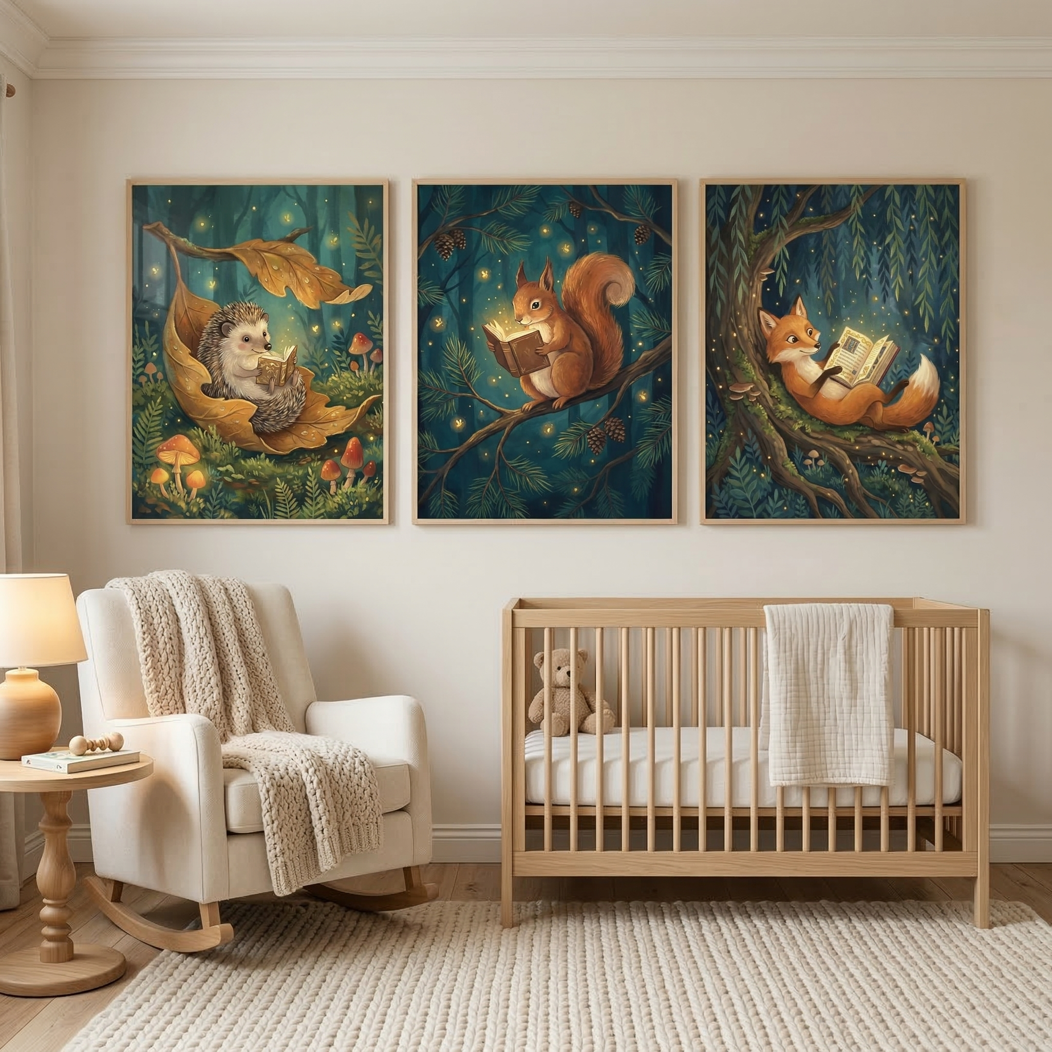 Woodland Animals Reading Books Wall Art Set of 3 - Midnight Book Club