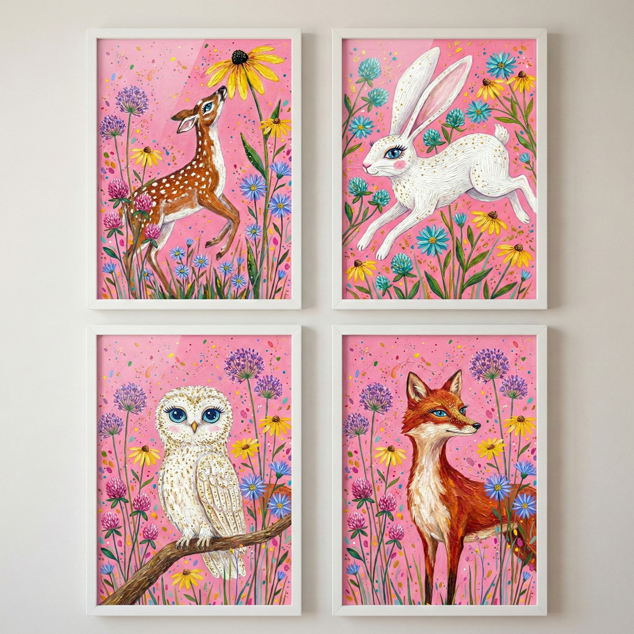 Pink Woodland Animals Art Set of 4 - Enchanted Pink Meadow