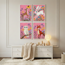A serene nursery wall features a grid of four vertical framed illustrations. The artworks, arranged in two rows of two, depict a brown spotted deer, a jumping white rabbit, a white owl perched on a branch, and a red fox. Each animal is illustrated in a whimsical style against a vibrant pink background filled with colorful wildflowers like yellow daisies and purple thistles.The frames are hung on a light beige wall with classic panel molding.