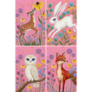 Whimsical illustration arranged in four panels showing woodland animals among colorful wildflowers on a bright pink background with paint splatters. A spotted fawn reaches up to a yellow coneflower while a white rabbit leaps through flowers and a white owl perches on a branch beside a red fox standing alert in the meadow.