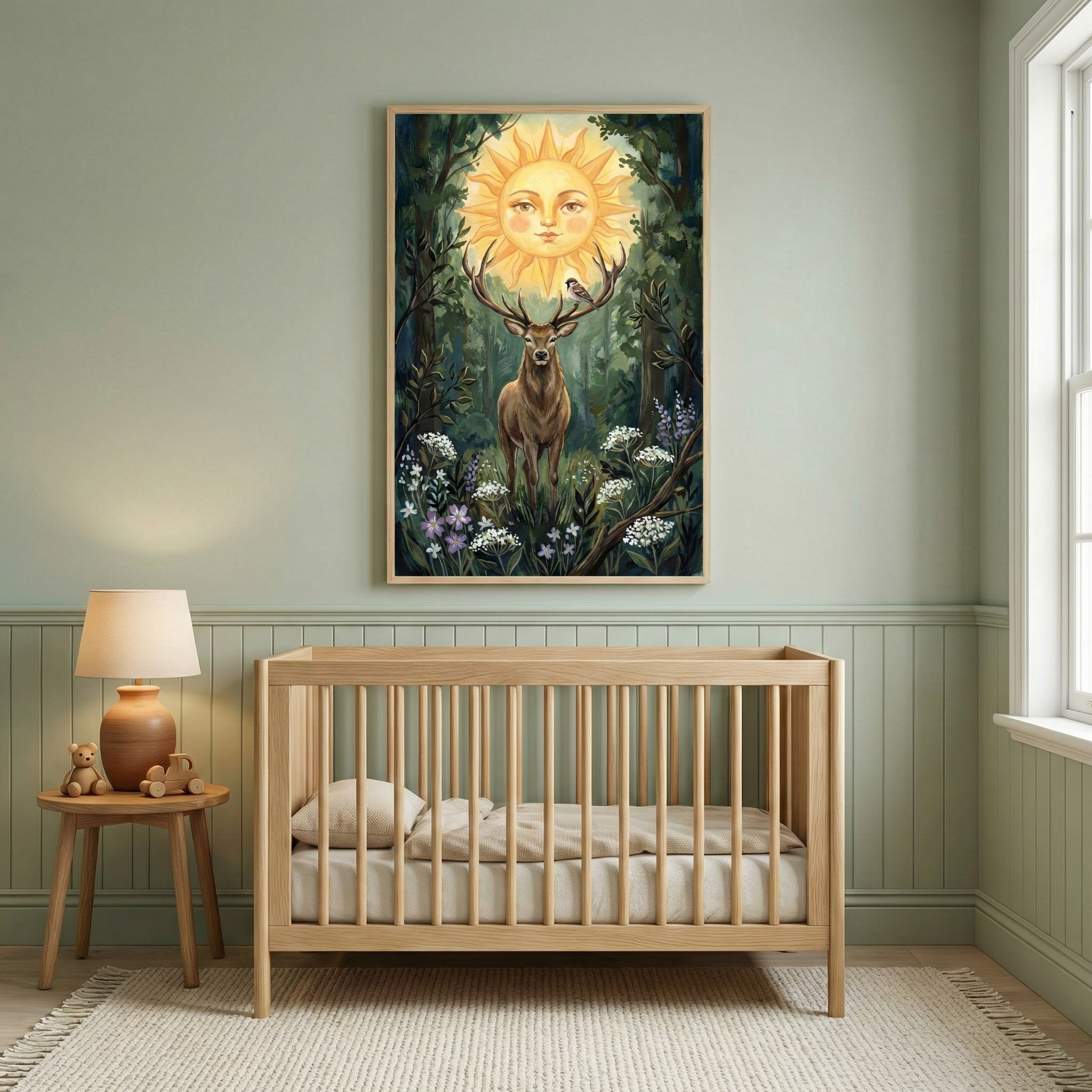 Serene nursery with a wooden crib and soft green walls, featuring a whimsical painting of a stag standing in a flower-filled forest, gazing toward a glowing sun with a human face shining through the trees.