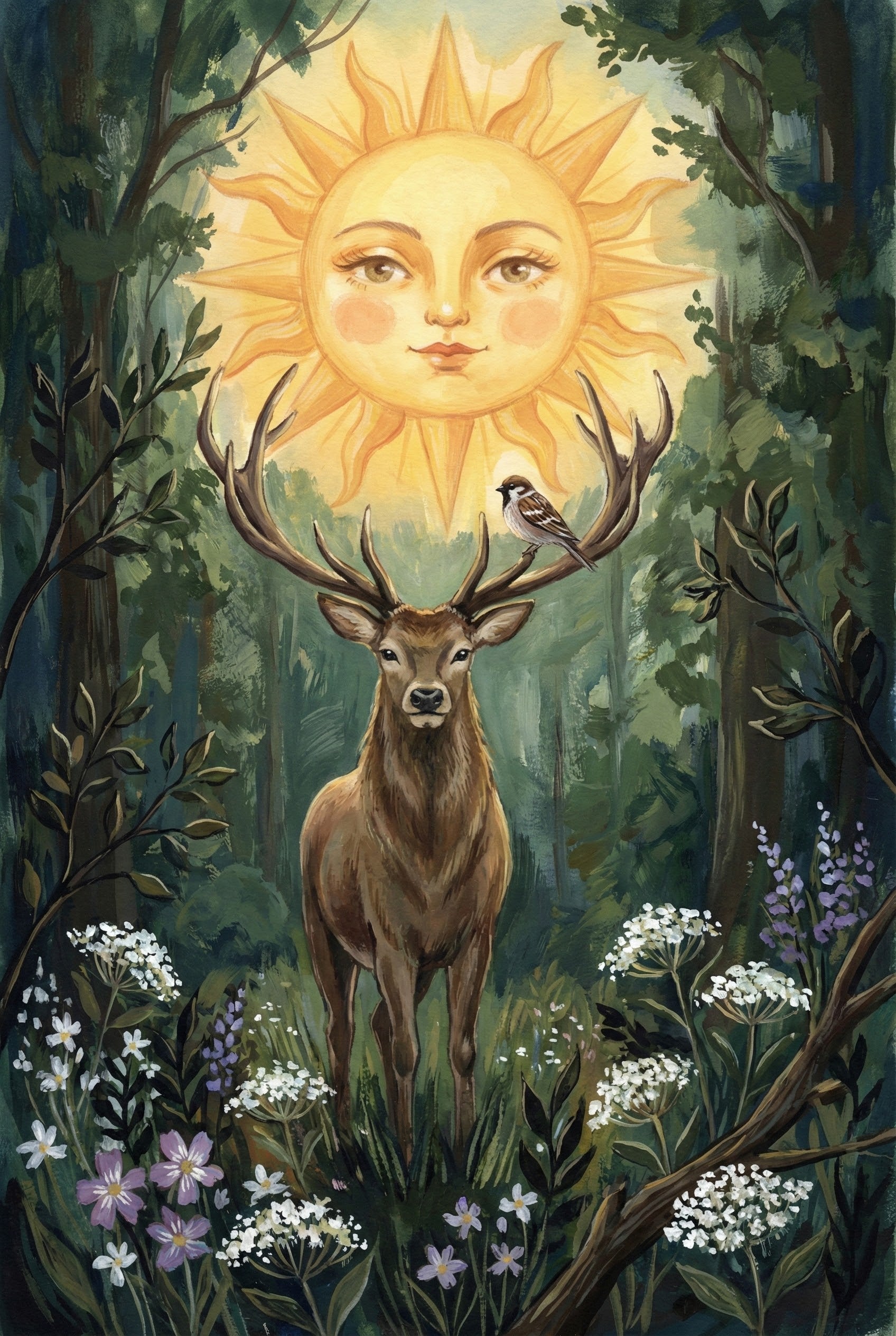Folk art-style painting of a regal deer standing in a lush forest clearing, surrounded by wildflowers and leafy trees. A small bird perches on one of the deer's antlers. Above them, a glowing sun with a serene, human-like face illuminates the scene, casting warm golden light throughout the enchanted woodland.