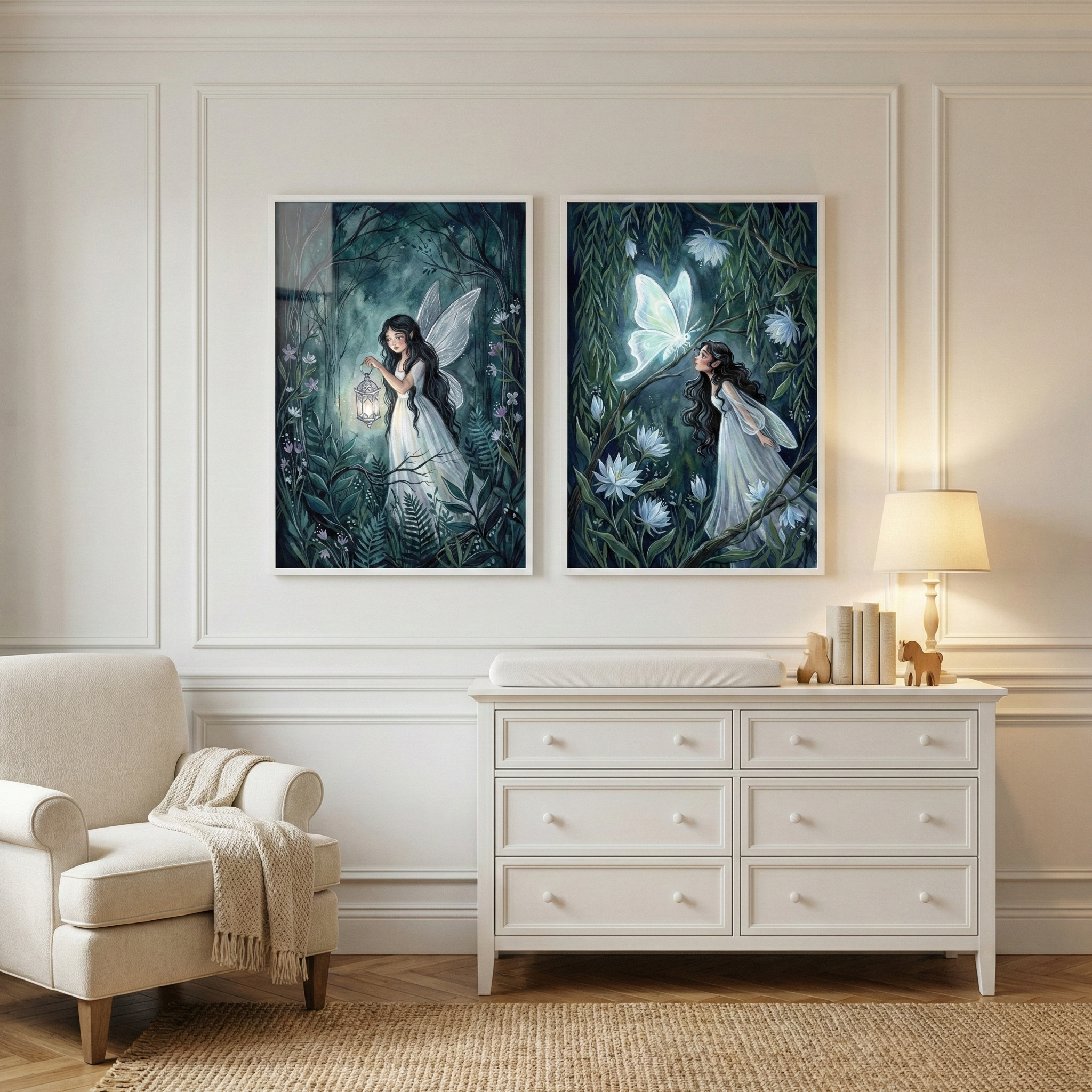 Woodland Fairy Playroom Wall Art Set Of 2 - Enchanted Night Fairies