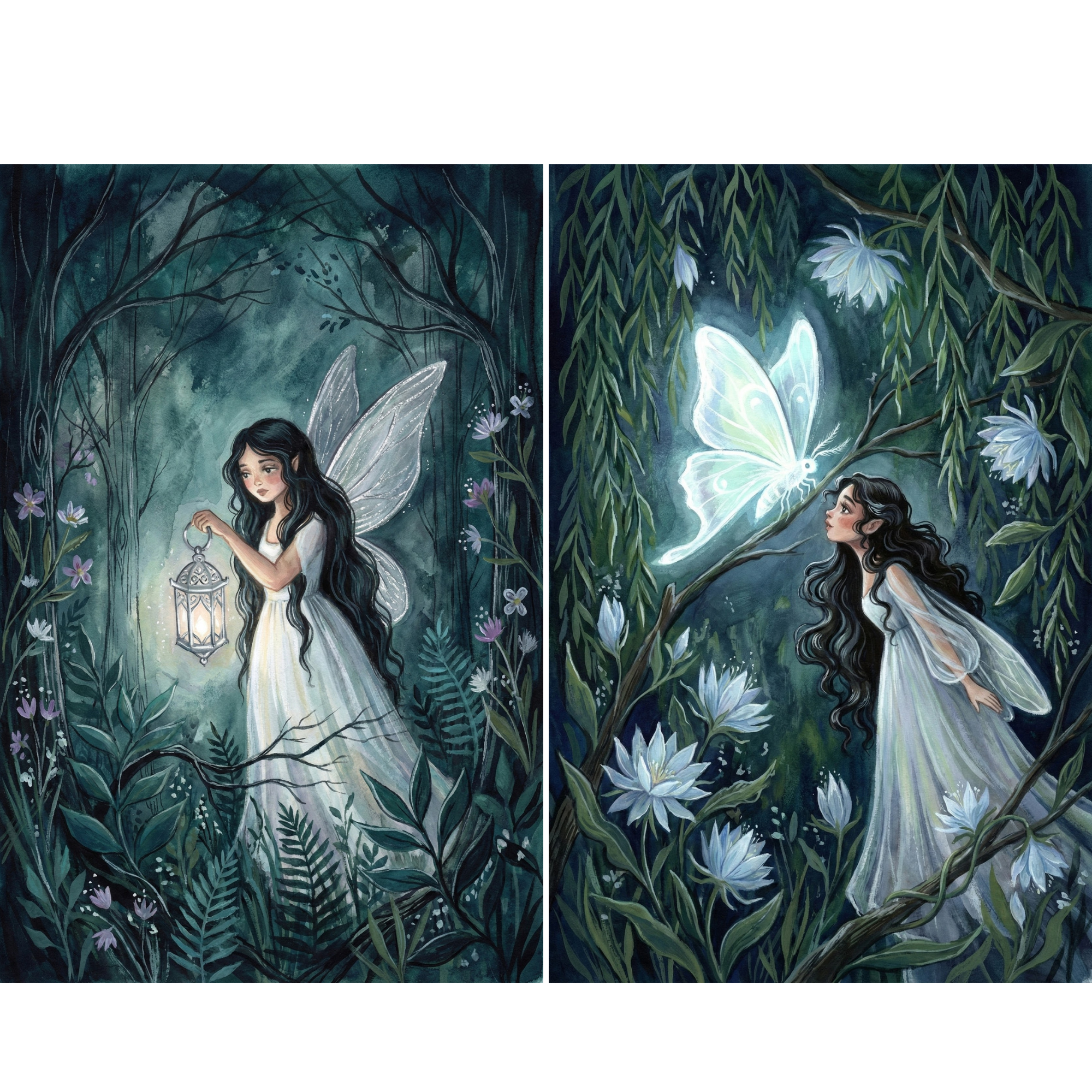 Two magical fairy illustrations set in a deep teal forest at night. The left image shows a winged girl in a flowing white dress holding a softly glowing lantern as she walks through dense foliage and delicate wildflowers. The right image shows her leaning toward a luminous butterfly perched on a branch beneath hanging willow leaves, surrounded by large white blossoms and gentle moonlit light.
