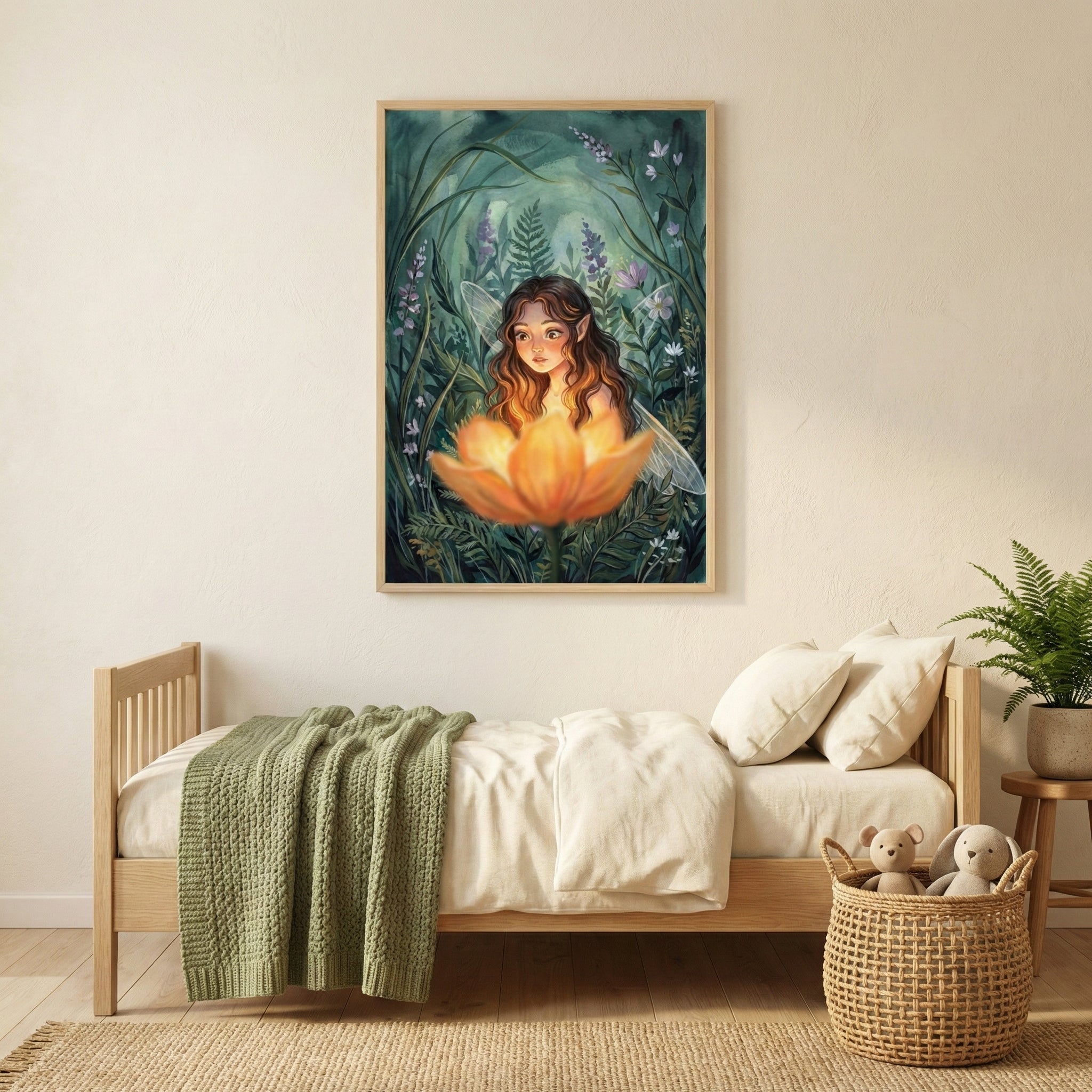 A vertical framed illustration hangs on a neutral wall above a light-colored wooden bed. The artwork depicts a whimsical forest scene where a small, winged being with long wavy hair sits nestled within a large, glowing orange flower. The background of the image is filled with various botanical details and ferns in deep teal and green hues. The bed is neatly made with cream bedding and a textured sage green blanket draped over the corner. To the right, a woven basket contains two plush animal toys, and a sma